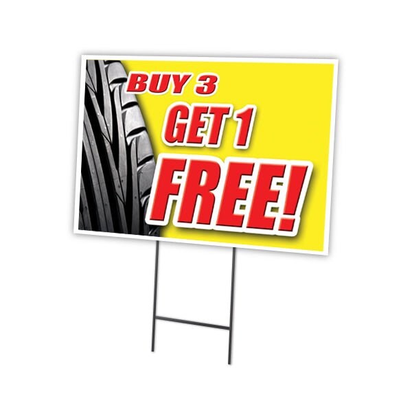 Signmission Buy 3 Tires Get 1 Free Yard & Stake outdoor plastic coroplast window, C-1824-Buy 3 Tires Get 1 Free C-1824-DS-Buy 3 Tires Get 1 Free - main